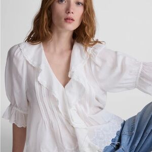 Madewell White Ruffle V-Neck Eyelet Blouse